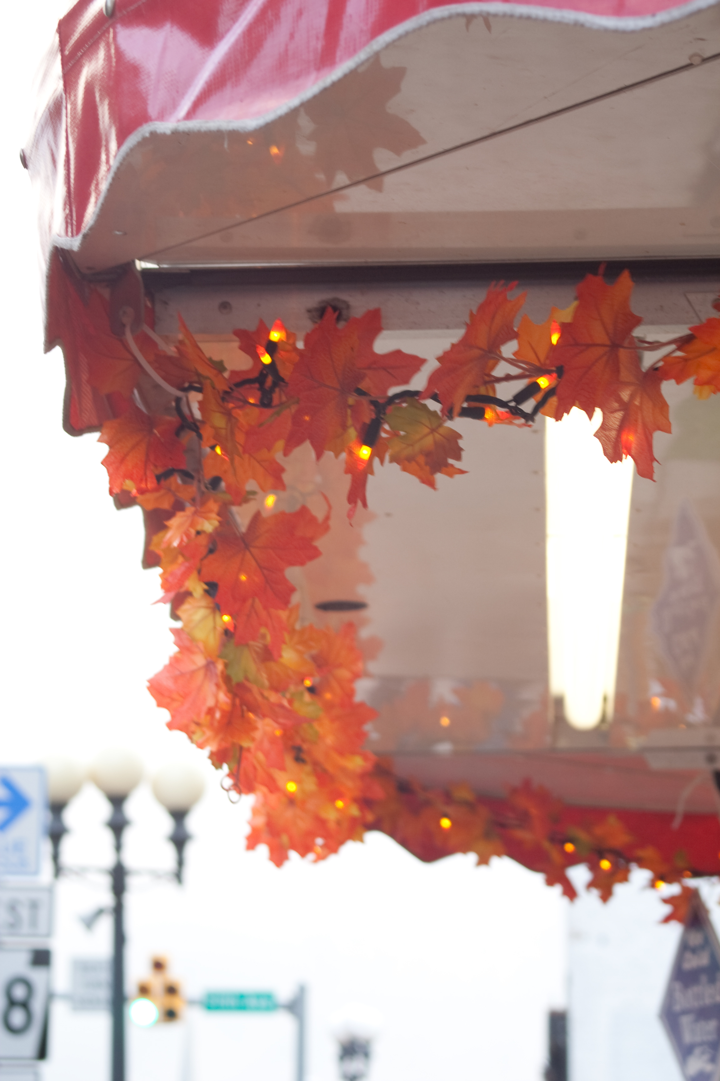 Orange leaf garlands decorate a booth