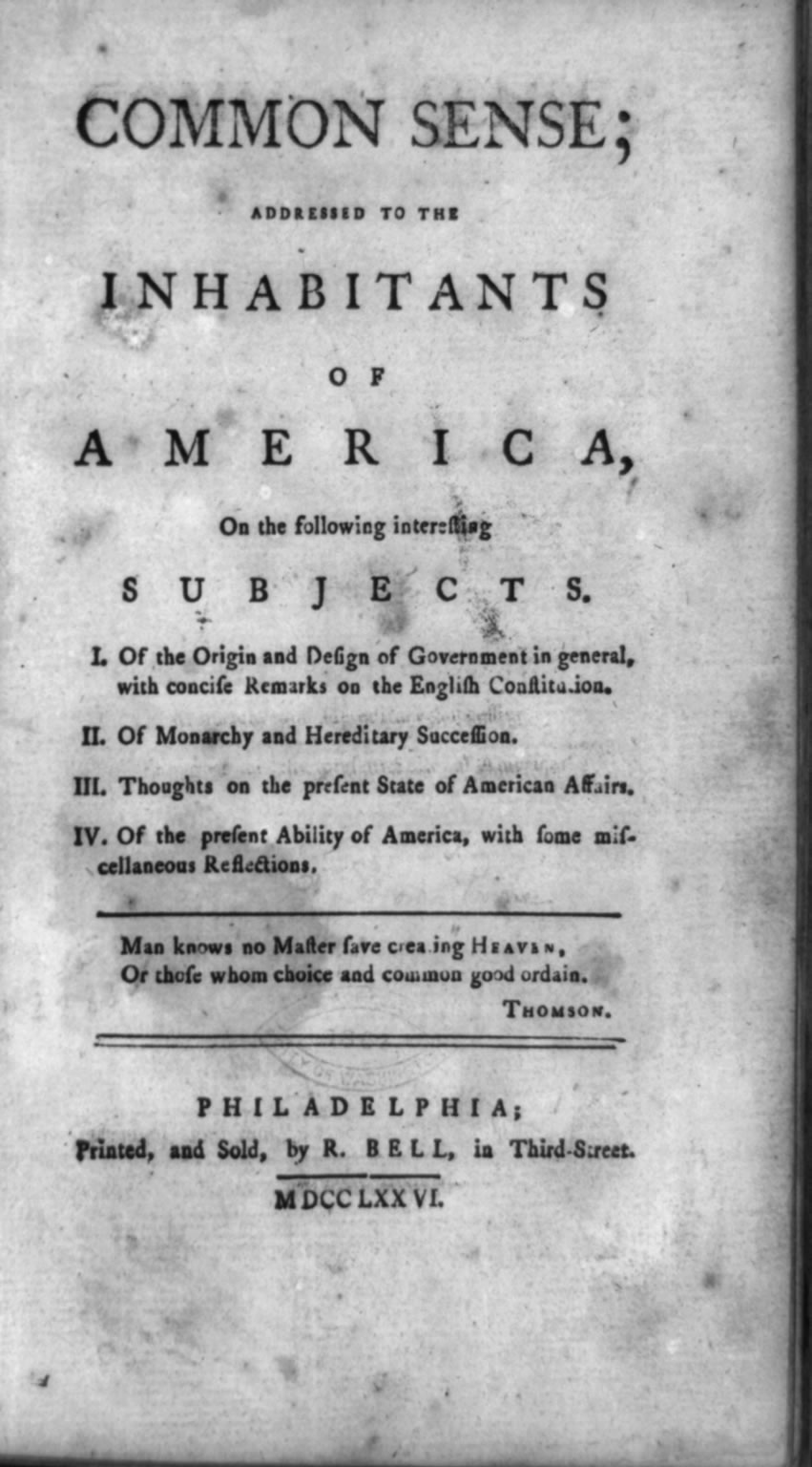 Title Page of Thomas Paine's essay Common Sense