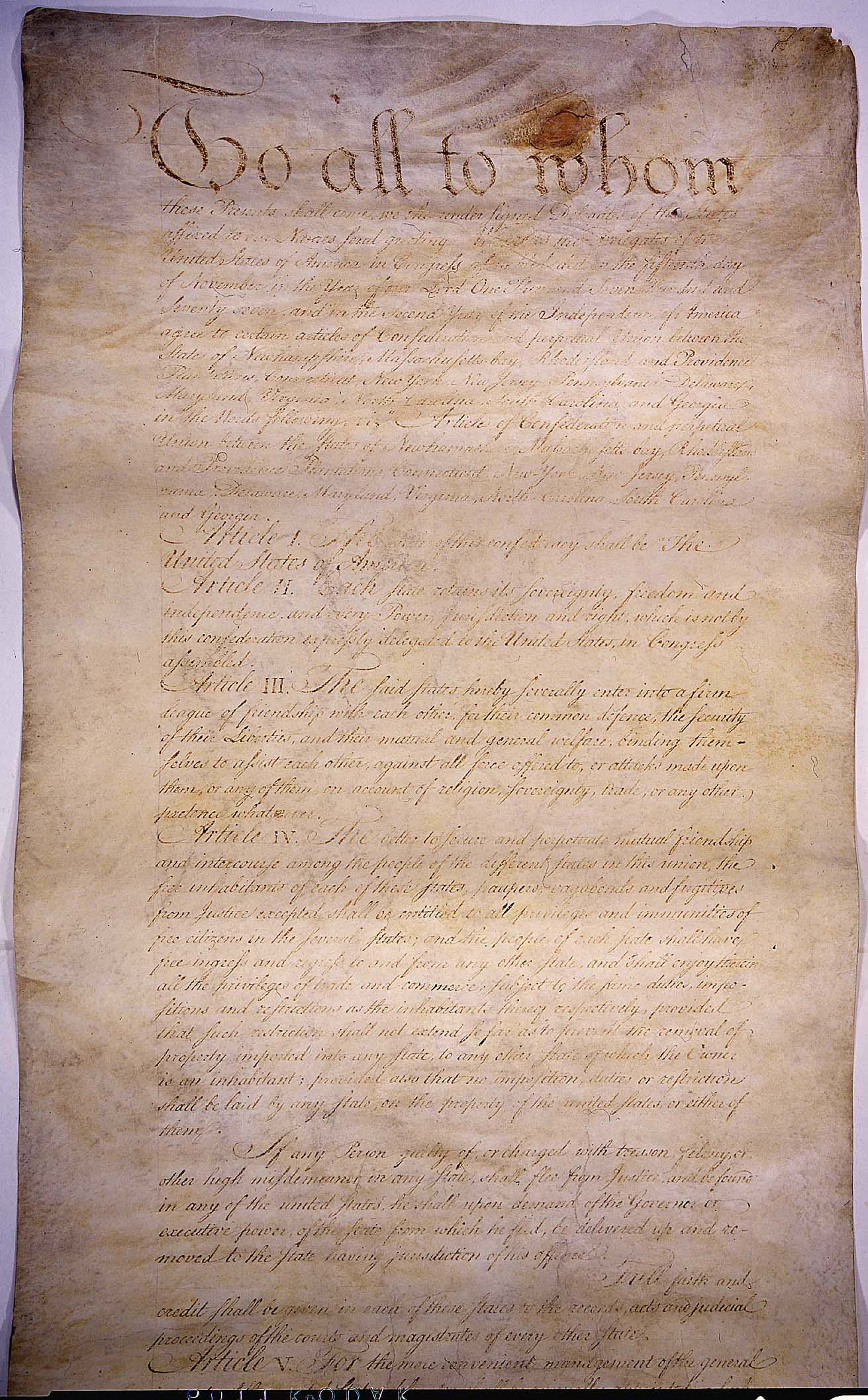 First Page of the Articles of Confederation