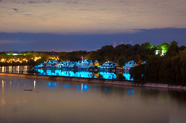 Boathouse Row with Blue Lights