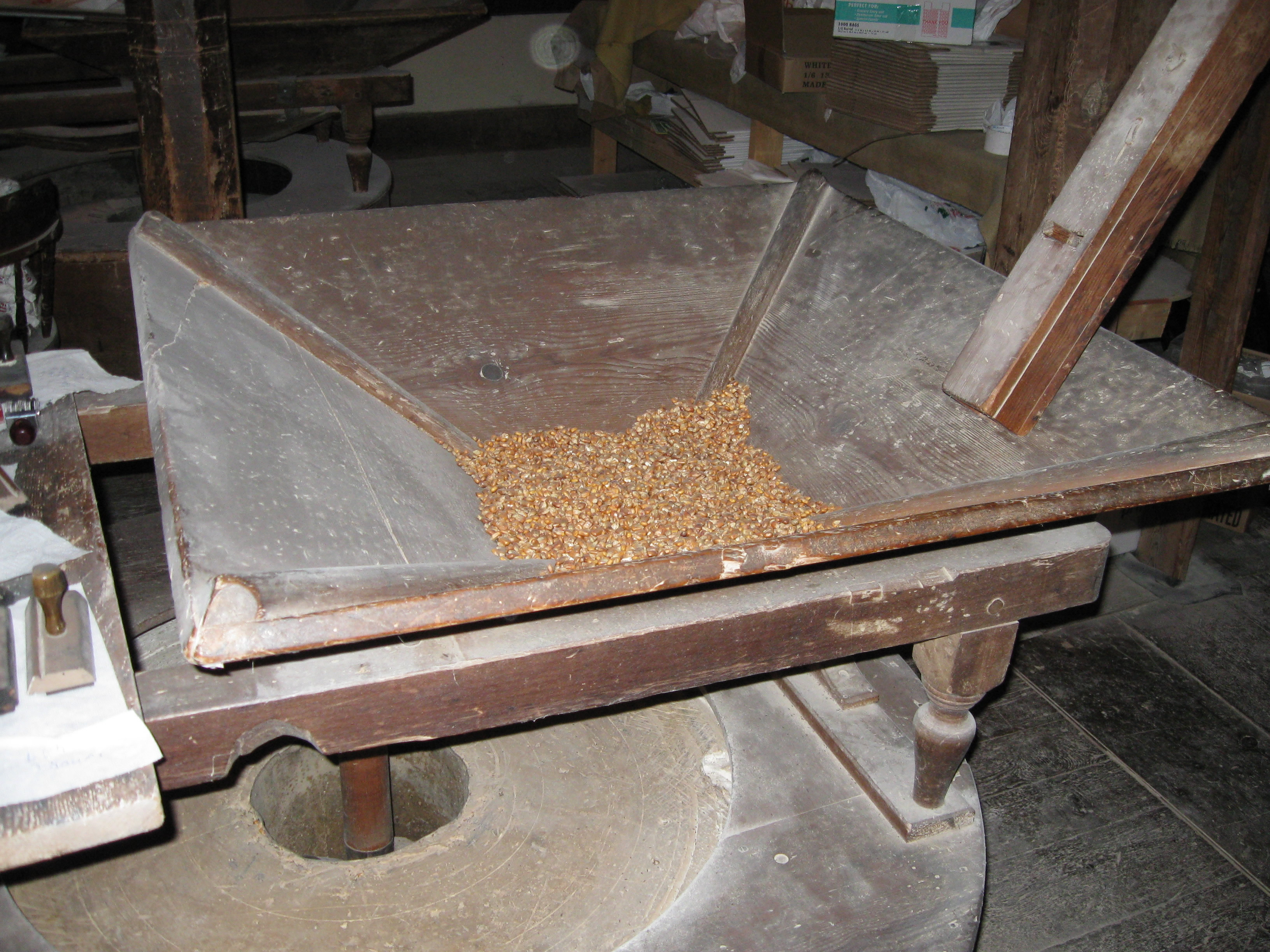 Grain about to the ground at Burnt Cabins Grist Mill