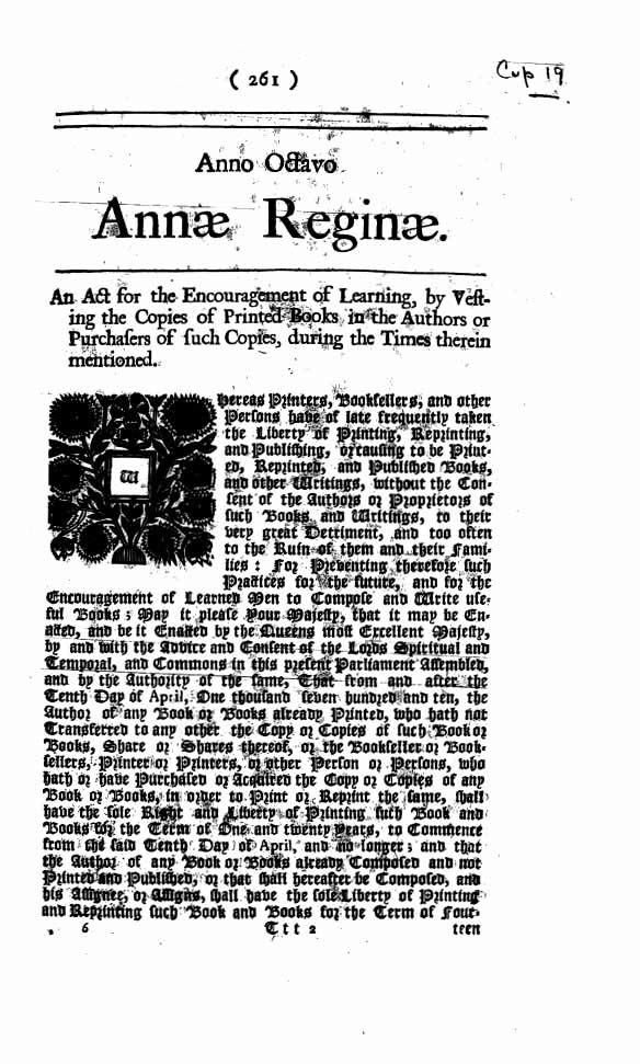 First Page of Statute of Anne