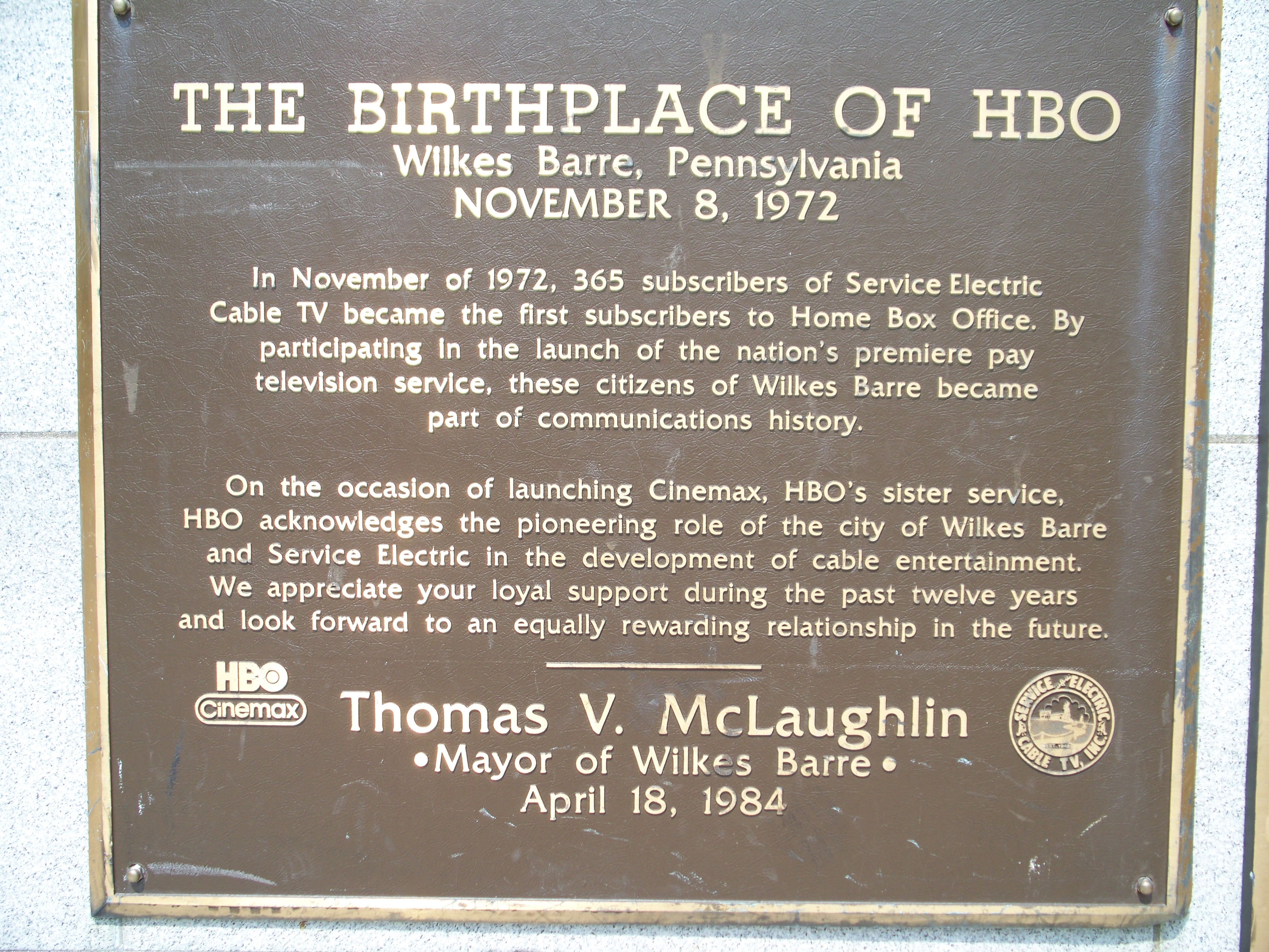 HBO Plaque in Wilkes-Barre