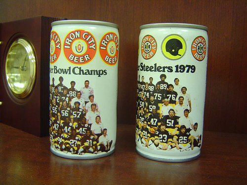 Iron City Cans decorated with Steelers imagery