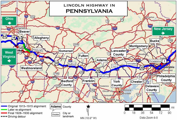 Map of the Lincoln Highway in Pennsylvania