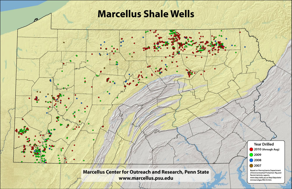 Map of Pennsylvania Depicting numbers of Marcellus Wells Drilled