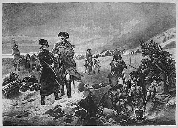 Washington and Lafayette observe suffering troops