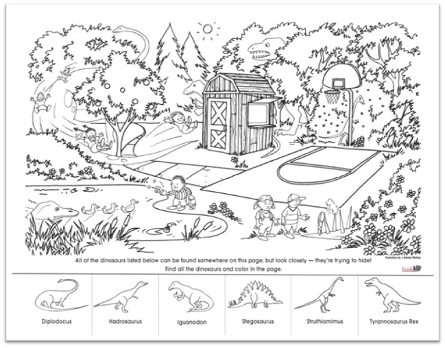 Coloring page of playground with hidden dinosaurs, hyperlinked to pdf printout