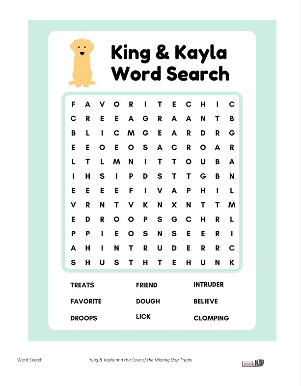 image of King & Kayla Word Search handout with a square of letters and nine words
