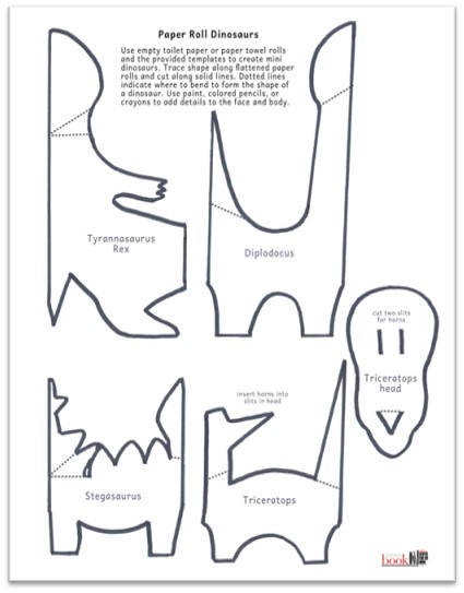 templates to use to cut out paper roll dinosaurs with instructions, hyperlinked to pdf to print