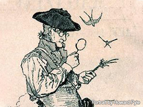 drawing of John Bartram with hat and glasses examining branch
