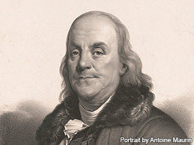 Benjamin Franklin, depicted in a lithograph by Antonio Maurin, wearing a thoughtful expression.