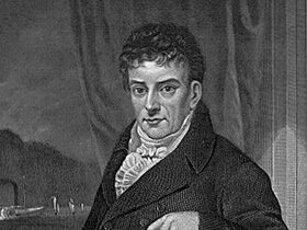 A monochrome lithograph featuring Robert Fulton in a jacket and cravat.