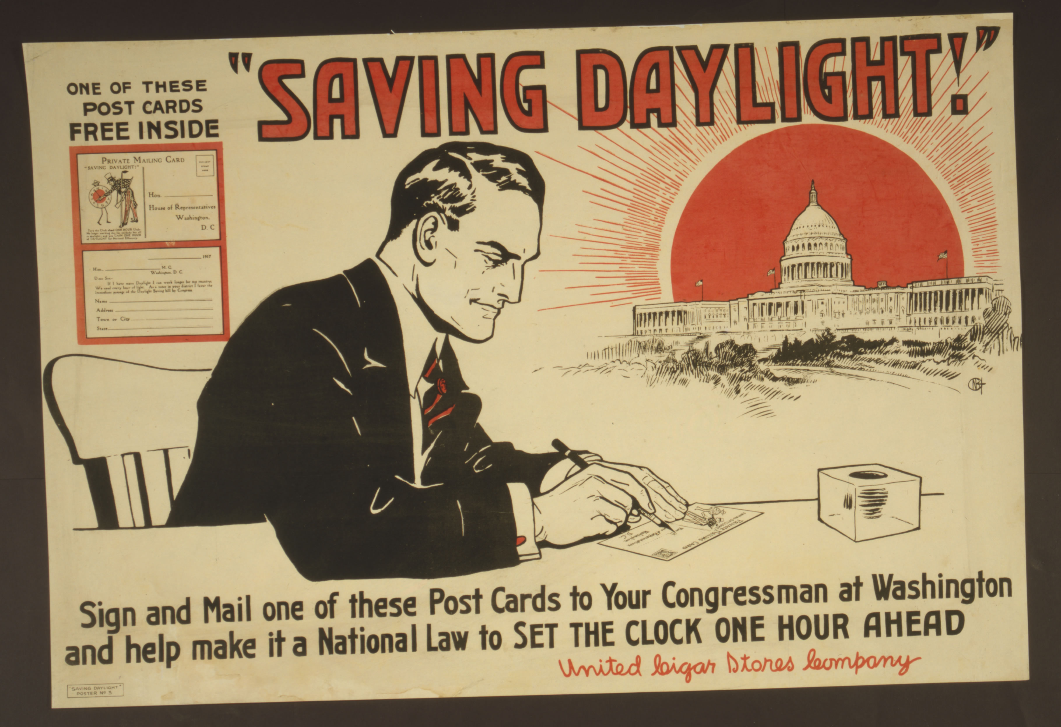 Card urging readers to write to Congress in favor of the Daylight Saving Time Act