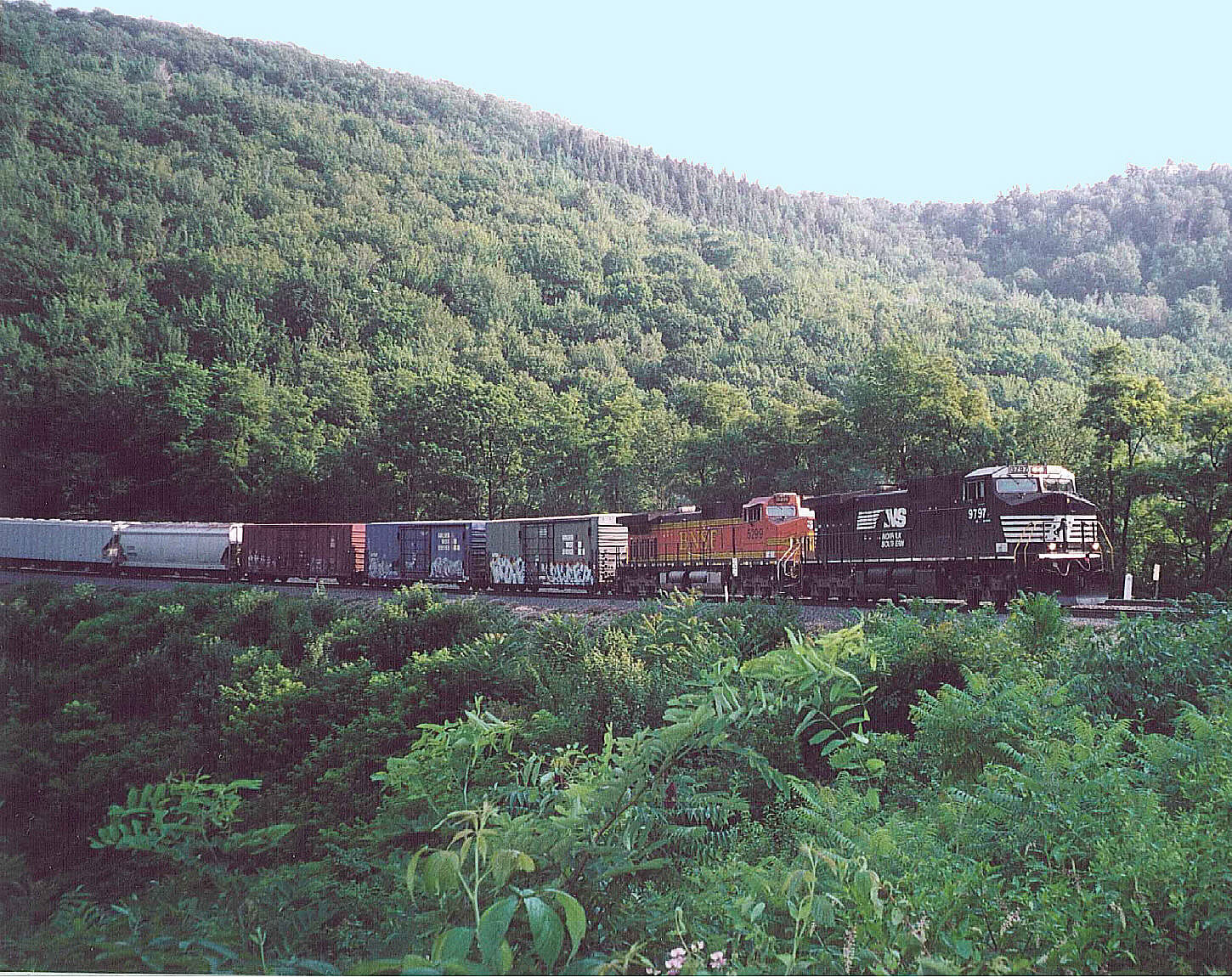 A modern freight train speeds through the Curve