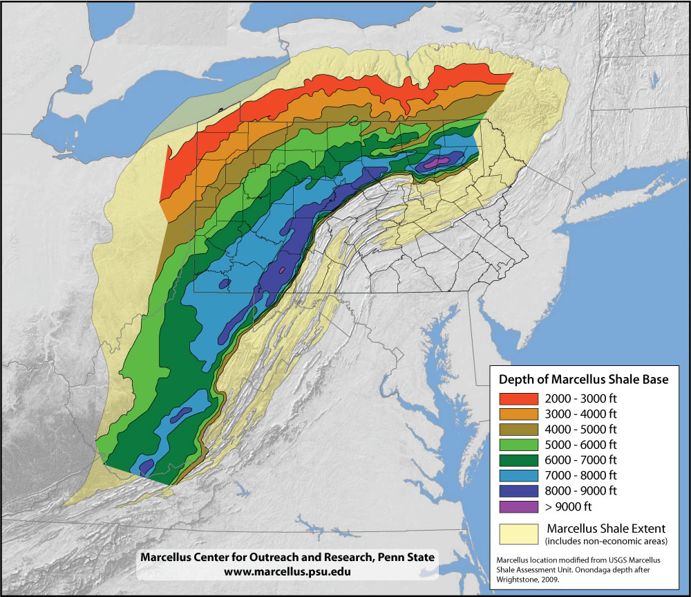 Area of Marcellus Shale Deposit with depth markings
