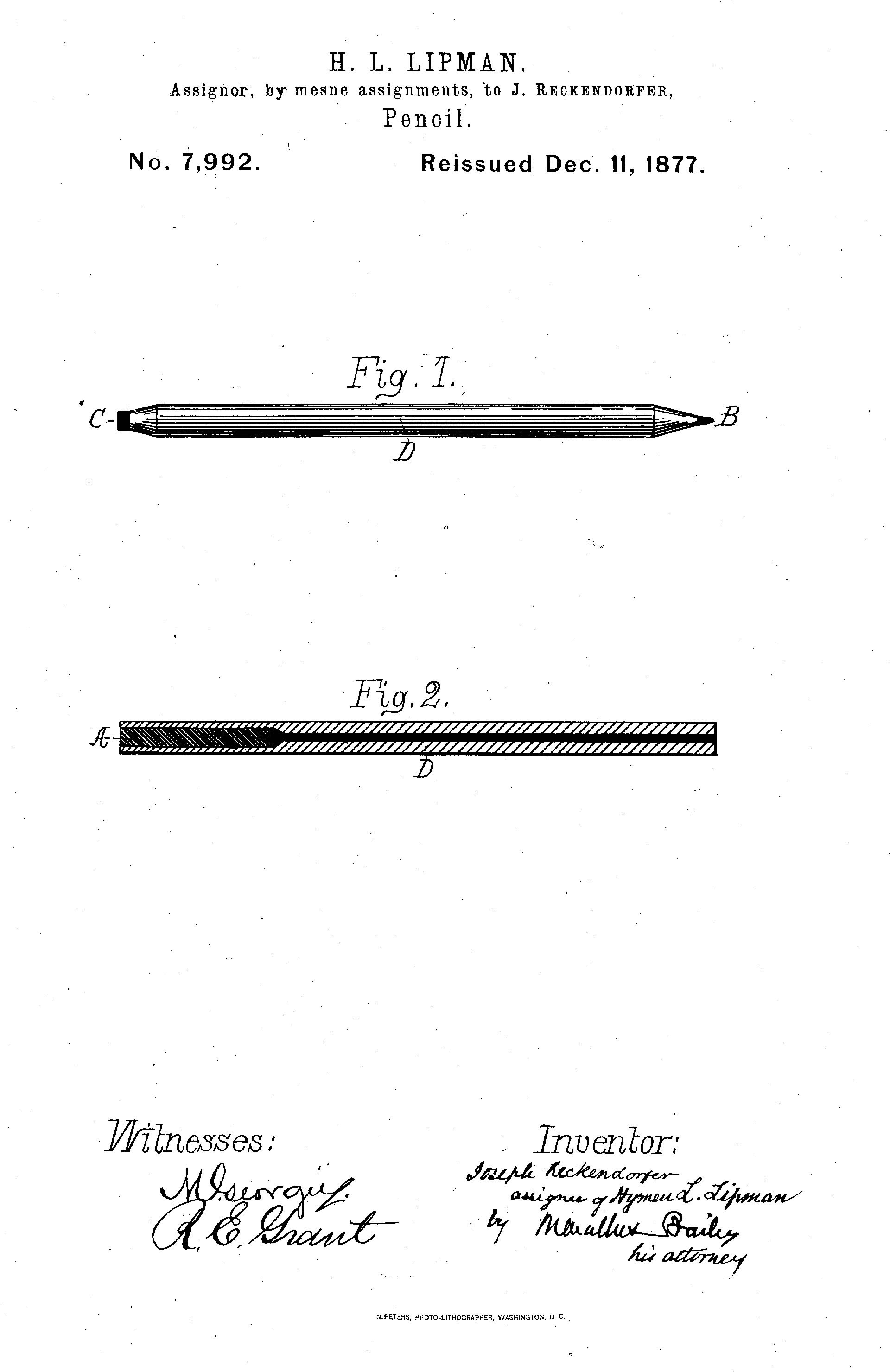 Drawings from the official US Patent for the pencil with eraser