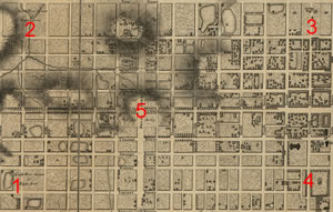 Inset of John Hills' 1796 Map of Philadelphia with the Five Squares Highlighted