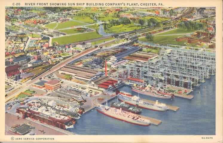 A postcard featuring an aerial view of the Sun Shipyard and Dry Dock Facility