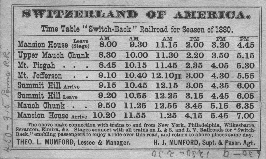 Switchback Gravity Railroad Time Schedule 1880