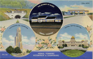 Pennsylvania Turnpike Postcard depicting tunnels and sights in Pittsburgh and Harrisburg